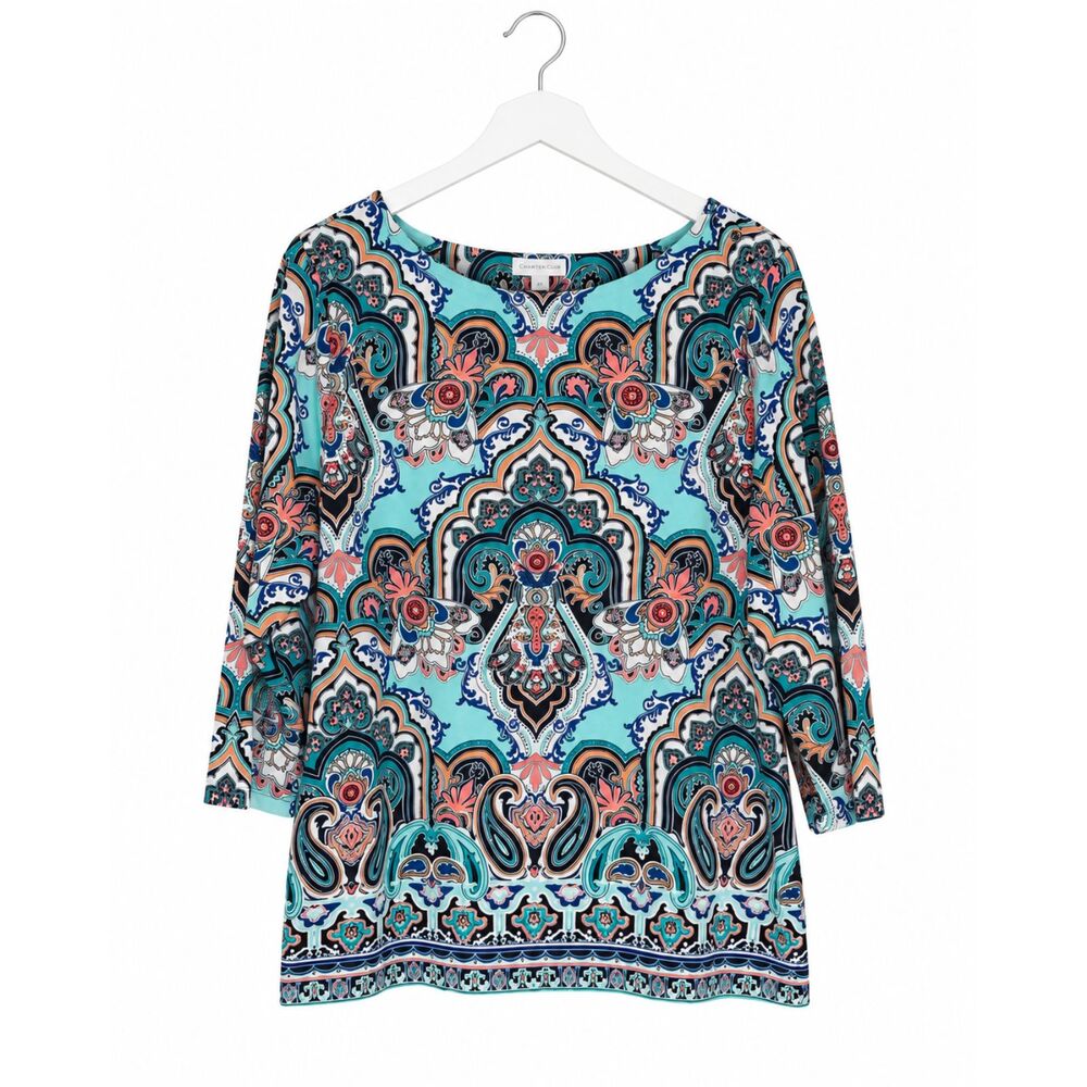 Charter Club XL Paisley Print 3/4 Sleeve Top Aqua Teal Coral Button Cuffs